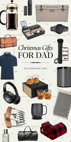 the christmas gifts for dad are on display in this graphic style poster, which includes an assortment