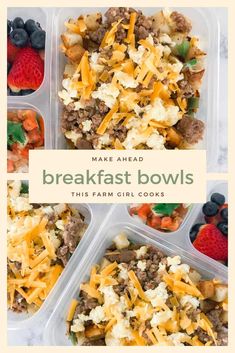 three plastic containers filled with breakfast bowls