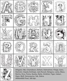 the alphabet is made up of animals and letters, all in black and white ink