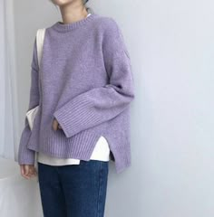 Winter Clothes Aesthetic, Wool Sweaters Womens, Purple Outfits, Clothes Aesthetic, Purple Sweater, Loose Sweater, Chunky Sweater, Sweater Women, Casual Style Outfits