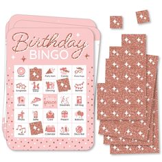 a pink birthday party game with lots of stars on it and the words'birthday bingo '