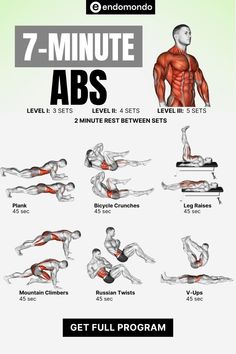 the 7 - minute abs workout plan is shown in this graphic style, and includes exercises for