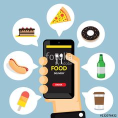 a hand holding a smart phone with food icons above it