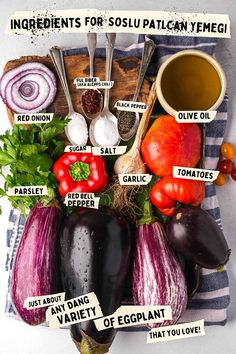 an assortment of vegetables on a towel with labels indicating ingredients for sosuu patican veggies