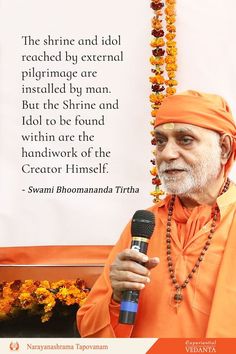 an old man holding a microphone and standing in front of a sign that says, the shrine