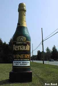 a large bottle of wine sitting on top of a lush green field next to a road