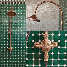 a green tiled bathroom with gold faucet, shower head and hand showerhead