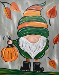 an acrylic painting of a gnome with pumpkins