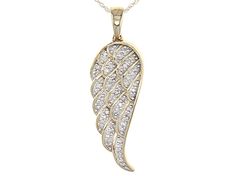 Park Avenue Collection ™ .15ctw round white diamond, 14k yellow gold angel wing pendant with an 18 inch rope chain and a spring ring clasp. measures approximately 1 and 1/4"L x 3/8"W and has a 2.5mm bail. white rhodium enhanced settings.