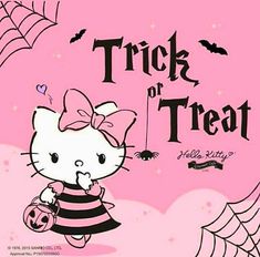 hello kitty trick or treat halloween card with spider web and cat in black and pink striped dress