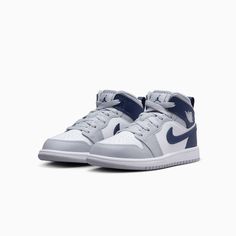 Kid's Air Jordan 1 Mid Pre School Cazal Eyewear, Jordan Shop, Grey Jordans, Sneaker Culture, Kids Belt, Grey Style, Jersey Jacket, Navy Grey, Tank Top Bras