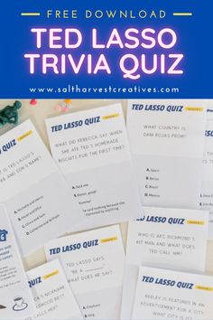 the ted lasso trivia quiz is shown in blue and yellow with text overlay