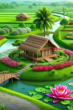 a painting of a garden with water lilies and a house in the middle of it