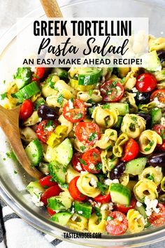 greek tortelli pasta salad in a glass bowl