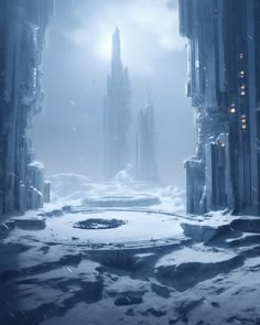 a futuristic city in the snow surrounded by tall buildings