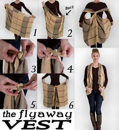 Make your scarf into a flyaway vest! Cute DIY :) Scarf Vest, شال كروشيه, Diy Vetement