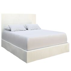 a bed with white linens and pillows on it's headboard, in front of a white background