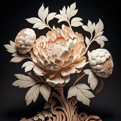 an intricately designed vase with flowers and leaves