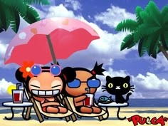 two people sitting on beach chairs under an umbrella with cats and drinks in front of them