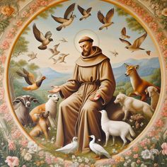 a painting of jesus surrounded by animals and birds