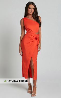 Get ready to turn heads in the stunning Rina Midi Dress! This vibrant orange dress features a trendy one-shoulder design with a side cut out and wrap detail, giving it an effortlessly chic look. Made from lightweight cotton fabric, this sleeveless midi dress is perfect for both party days and casual outings. Whether you're hitting the dance floor or enjoying brunch with friends, the Rina Midi Dress will make you feel confident and empowered. Embrace your individuality and rock this must-have pie Summer Sleeveless One Shoulder Dress With Cutout, Summer One Shoulder Sleeveless Dress With Cutout, Summer Sleeveless One-shoulder Dress With Cutout, Asymmetrical One Shoulder Dress With Cutout For Spring, Summer One-shoulder Dress With Cutout, Elegant One Shoulder Cutout Dress For Spring, Elegant Spring One Shoulder Dress With Cutout, Spring Asymmetrical One Shoulder Dress With Cutout, Elegant Spring One-shoulder Dress With Cutout