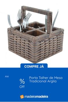 a wicker basket with forks and knives in it for sale on the web page