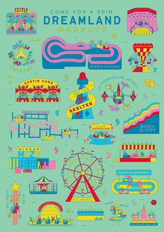 a poster with an amusement park and ferris wheel in the center, on a green background