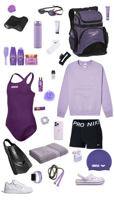 the contents of a woman's purple and black athletic outfit are arranged on a white background