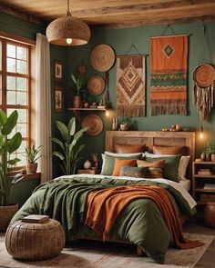 a bedroom decorated in green and orange colors