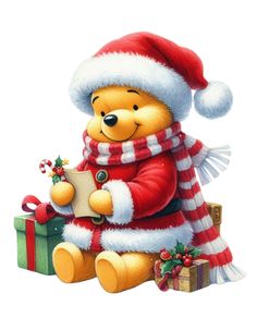 a painting of a teddy bear wearing a santa hat and scarf holding a christmas present