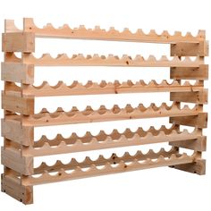 a wooden wine rack with several rows of bottles on it's sides and three shelves