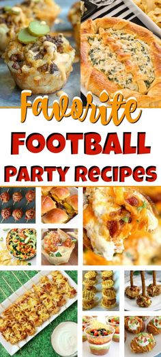 a collage of football party food including pizzas, muffins and cupcakes