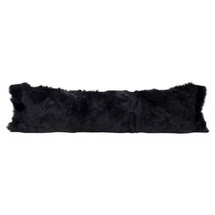 a long black furry pillow on a white background with the word's name written in cursive writing