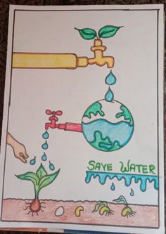 an image of save water poster on the ground with plants and sprinkles