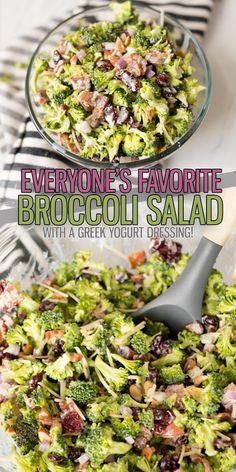 broccoli salad with cranberries and walnuts in a glass serving dish