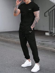 Black Casual Collar   Graphic  Embellished Slight Stretch  Men Clothing Black Sweatpants Outfit, Athleisure Men, Gym Outfit Men, Black Jogger Pants, Aesthetic Outfits Men, Style Sweatpants, Mens Style Guide, Streetwear Men