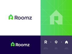 the logo for roomz is shown in three different colors and font styles, including green