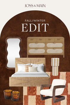 an image of a bedroom with furniture and decor on it's cover, as well as the words fall / winter editt