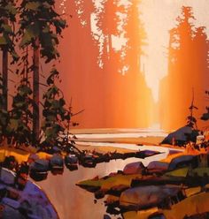 an oil painting of trees and rocks in the water at sunset with orange sky behind them