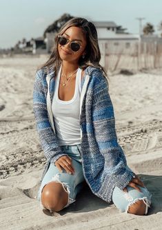 [Color: Denim Blue] Girl at the beach wearing a zipper front striped cardigan. Knit Zip Up Hoodie, Wave Sweater, Black Cotton Jacket, California Outfits, Woven Sweater, Long Sleeve Pullover Sweater, Deep Water, Chunky Sweater, Hooded Sweater