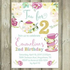 a tea party birthday card with pink flowers and gold glitter number two on the front