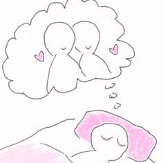 a drawing of a woman sleeping with her head on the pillow and thought bubble above her