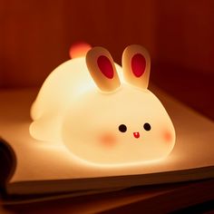 a light that looks like a bunny sitting on top of a book with its eyes open