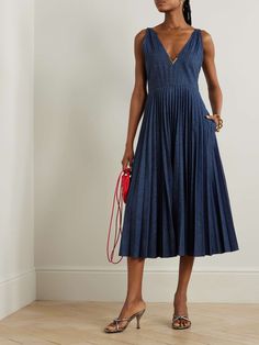 VALENTINO GARAVANI Embellished plissé-denim midi dress | NET-A-PORTER Denim Midi Dress, Knitwear Tops, Pleated Midi Skirt, Beauty Sets, Red Valentino, Clothes Collection, Jeans Dress, Net A Porter, Valentino Garavani