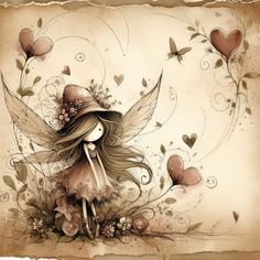 a drawing of a fairy with flowers and hearts