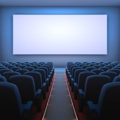 an empty theater with rows of seats facing the screen