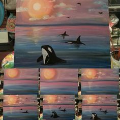 several paintings of orca's in the water at sunset