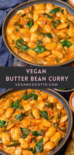 vegan butter bean curry with spinach and carrots in a skillet on the side