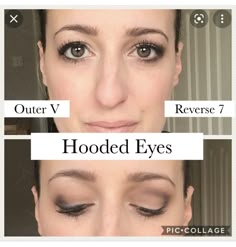 Reverse Seven Eye Makeup, Makeup Ideas Natural Hooded Eyes, Reverse 7 Eyeshadow, Hooded Eye Make Up Looks, Eyeliner Tricks For Hooded Eyes, Reverse Eyeliner Make Up, Hooked Eyes Makeup, Hooded Eye Eyeshadow, Partially Hooded Eye Makeup