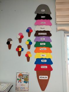 a bulletin board with ice cream cones and magnets on it's side in a classroom